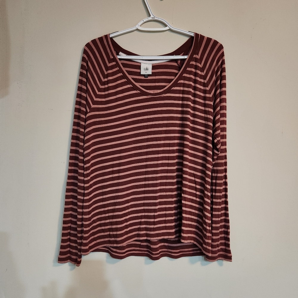 CAbi  Scoop Shirt  Size Medium Burgundy Pink Stripe Stretch Long Sleeve Raglan